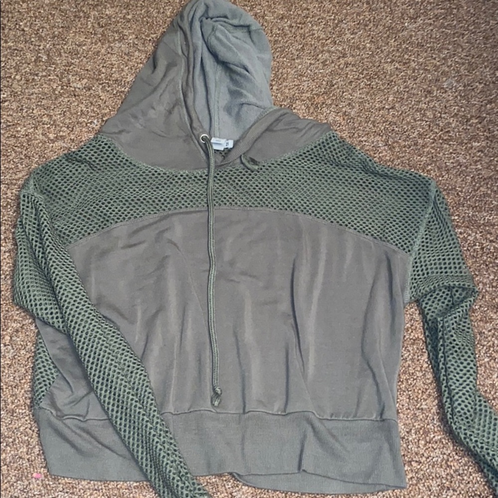 Forever21 Mesh Hooded Cropped Shirt (Olive Green)
